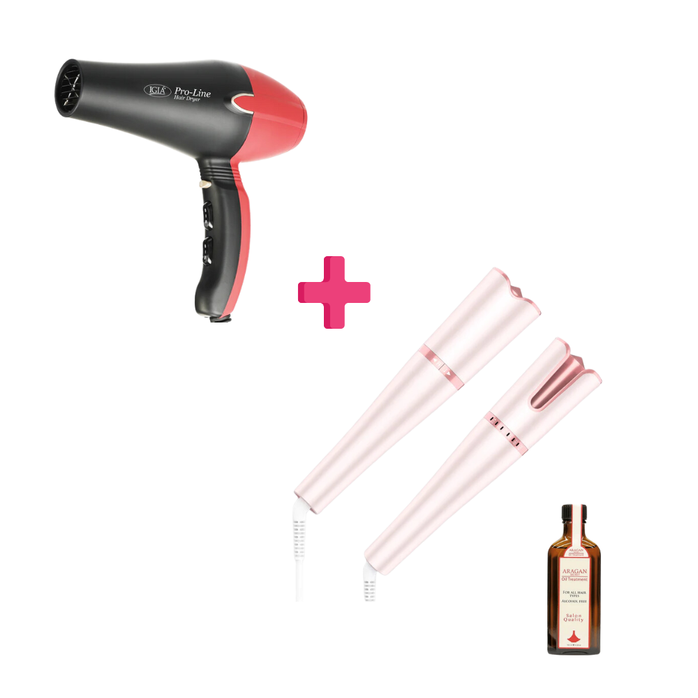 Igia Proline Tourmaline Hair Dryer + Igia Auto Hair Curler Pink + FREE Aragan Secret Treatment Oil - 100ml